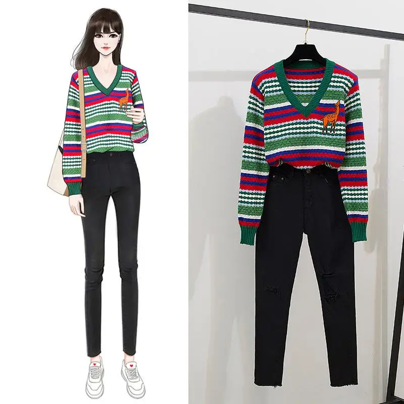 ICHOIX свитер с вышивкой + черные штаны комплект из 2 предметов Женский одежды милый