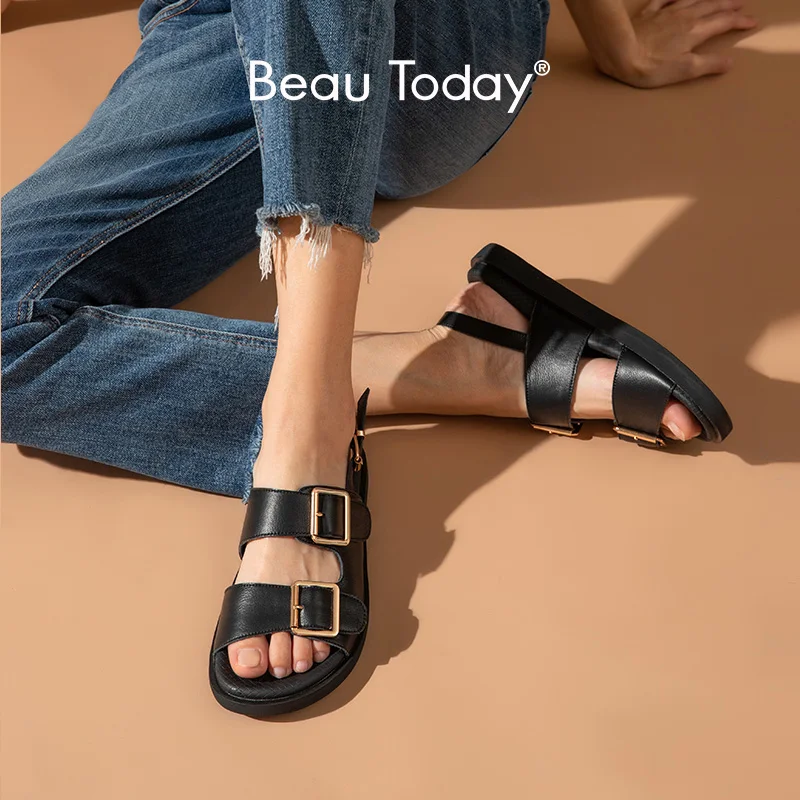 Sandals Women Shoes Ankle-Buckle-Strap Detailed Low-Heel Beautoday Handmade Genuine-Cow-Leather