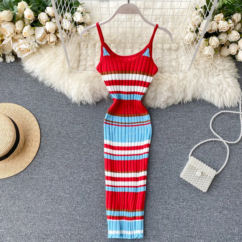 Vintage 2020 V Neck sexy striped print Slim Bodycon Knitted short Dress Summer Party Women spaghetti strap dress Club dresses