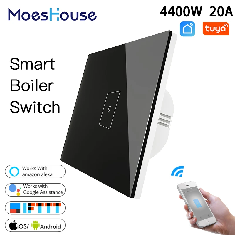 

EU WiFi Smart Boiler Glass Panel Switch 4400W Smart Life Tuya App Remote Control Water Heater Switch,Work with Alexa Google Home