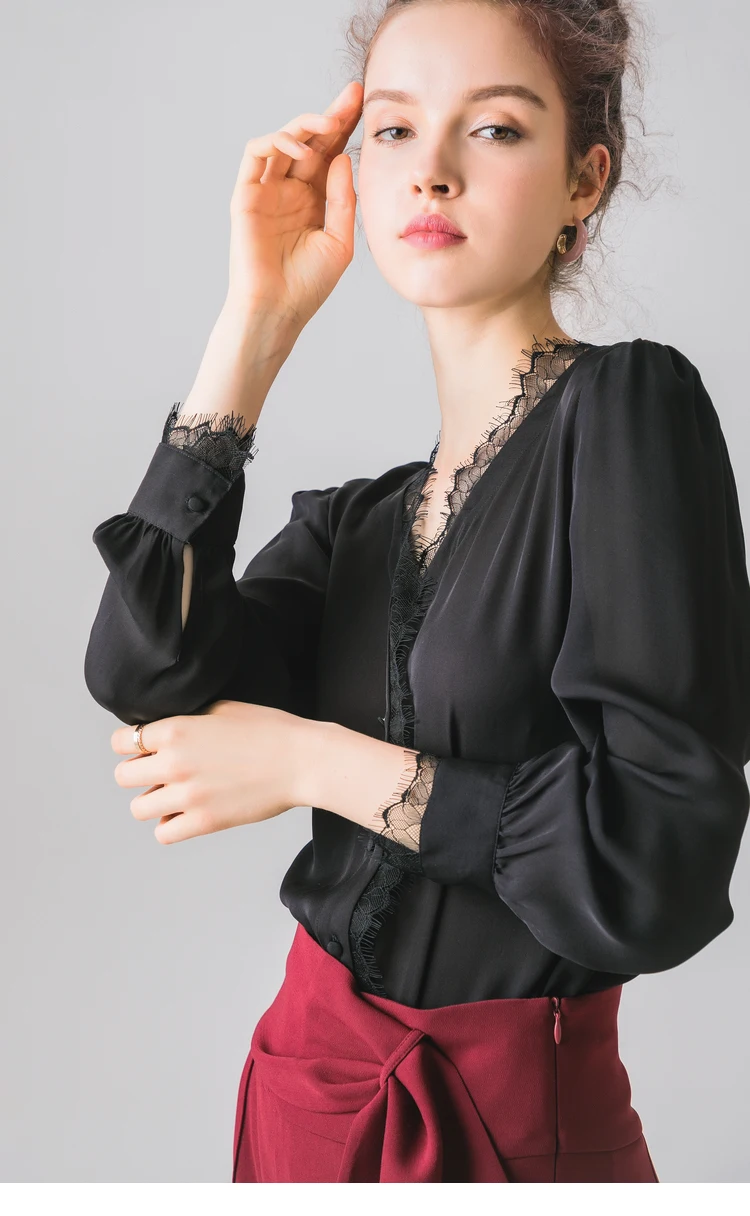 Женская блузка, 95% шелк, 5% спандекс, Шелковый сатин, Черная Кружевная блуза, рубашка с длинным рукавом, повседневные блузки, осень зима, черная рубашка
