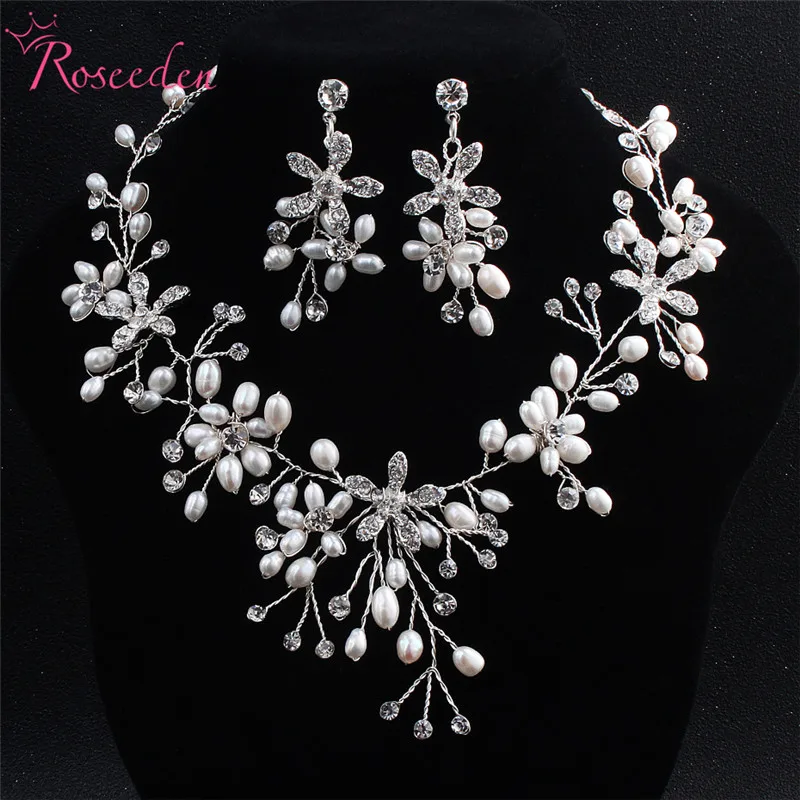 

Charm Handmade Wedding Jewelry Sets for Women Luxury Crystal Fresh Water Pearls Bridal Shiny Rhinestone Necklace Set RE3614