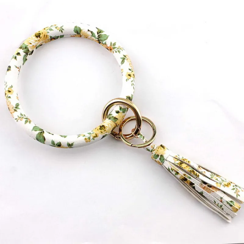 Yellow Floral Новое поступление из искусственной кожи Большой O брелок-браслет кисточка капля ремешок браслет для женщин Мода Горячая Распродажа ремешок на запястье - Окраска металла: Yellow Floral