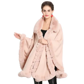 

Fashion Women Furry Cape Plus Size Knit Wrap Scarf Shawl Cape Coat With Luxury Faux Fur Collar Wrap Poncho Shawl Winter T3