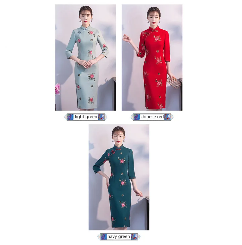 6 Color Thick Woolen Improve Cheongsam Long Evening Dress Feathers Florets Embroidery Cheongsam Long Sleeve Qipao Women Costume