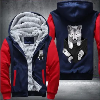 

Wolves Puppy Pocket Fleece Mens Winter Hoodies Male Casual Sweatshirts Hooded Zipper Warm Sportswear Thicken Warm Outwear