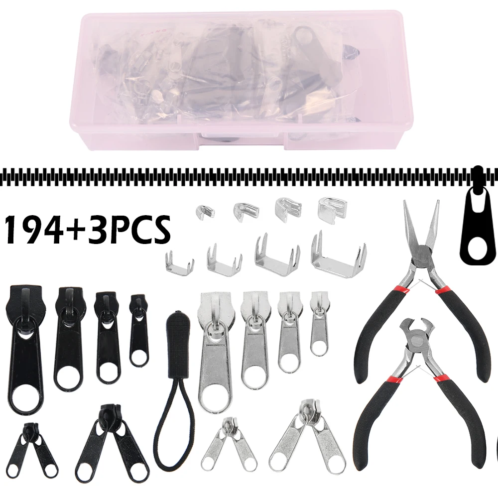 197pcs/set Zipper Replacement Head Zipper Repair Kit Install Plier Metal Lock Zip Slider Tools Pull Garment Accessories