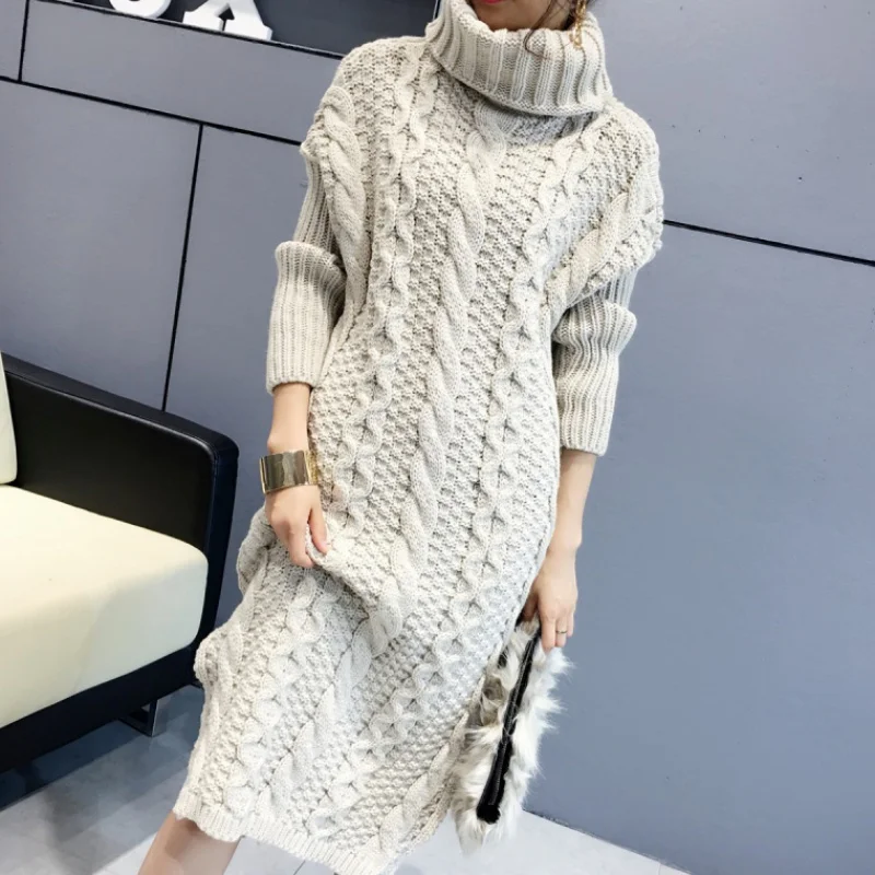 Осень 2019 длинное стильное вязаное платье-свитер с высоким воротником Модный