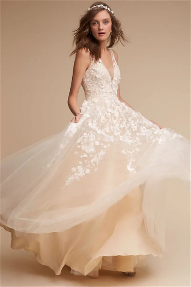 

V-Neck Lace Appliques Beaded A-Line Wedding Dresses Customized Floor Length 2020 Spring Tulle Bride Marriage Gown Spring