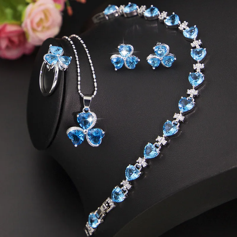 Sky Blue Zircon Silver 925 Costume Jewelry Set For Women Stud Earrings Ring Necklace Bracelet Bridal Fast Ship | Украшения и
