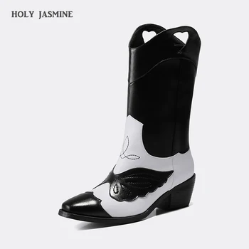 

Cossacks Mixed Colors PU Leather Cowboy Ankle Boots Women Wedge High Heel Booties Snake Print Western Cowgirl Boot 2019 Female