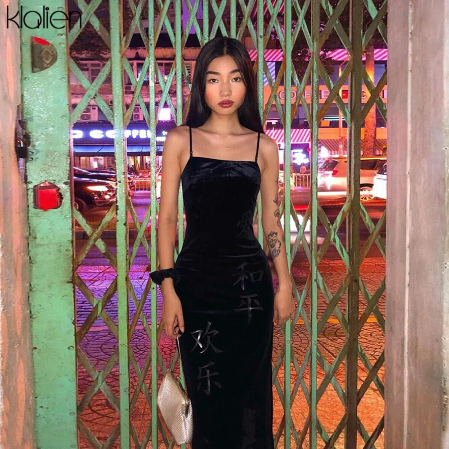 

KLALIEN Chinese Character Print Slash Neck Spaghetti Strap Dress Split Hip Package Vintage Outfits 2019 Autumn Fashion Women