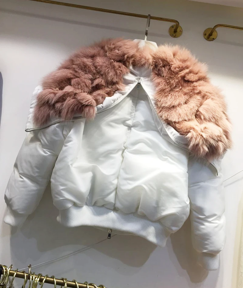 pink fur white Пальто из натурального меха, женская зимняя короткая куртка, пальто с воротником из натурального меха, Женская свободная парка с толстой хлопковой подкладкой, армейская зеленая парка - Color: pink fur white