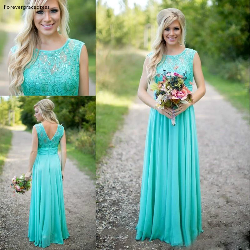 

Turquoise Long Chiffon Countryside Bridesmaid Dress Elegant Long Lace Top Backless Formal Maid of Honor Party Gown