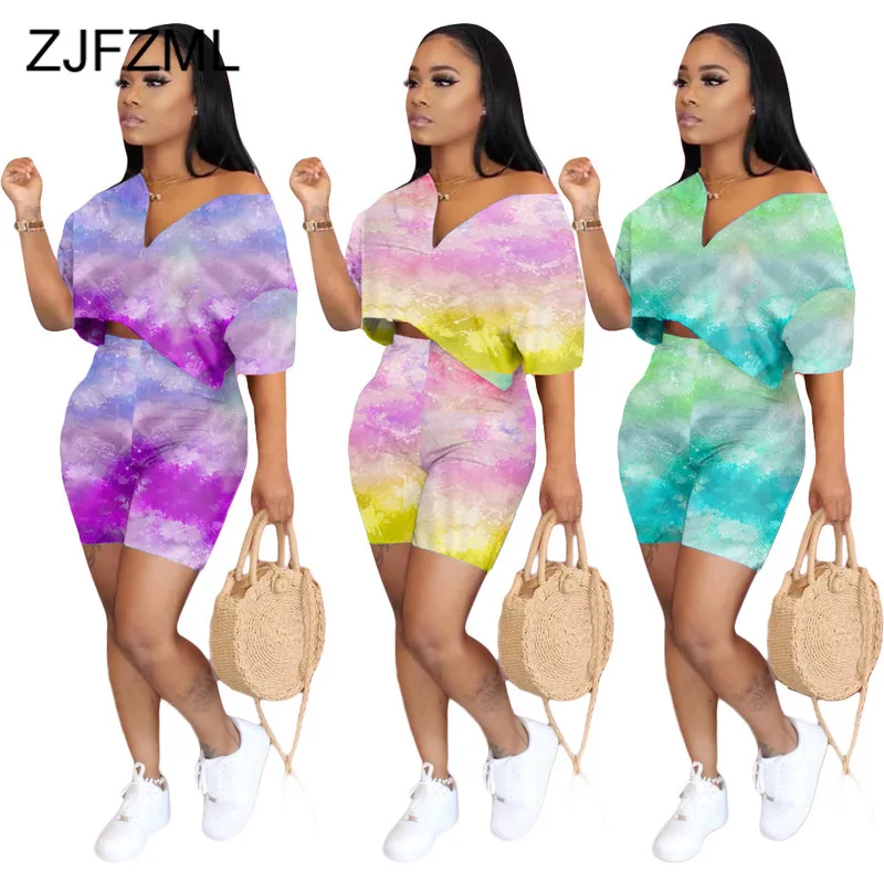 

Tie Dye Print 2 Piece Club Outfit Women's Set Front Zipper Short Sleeve Loose T Shirt Bodycon Shorts Sweat Suit Lounge Wear Suit
