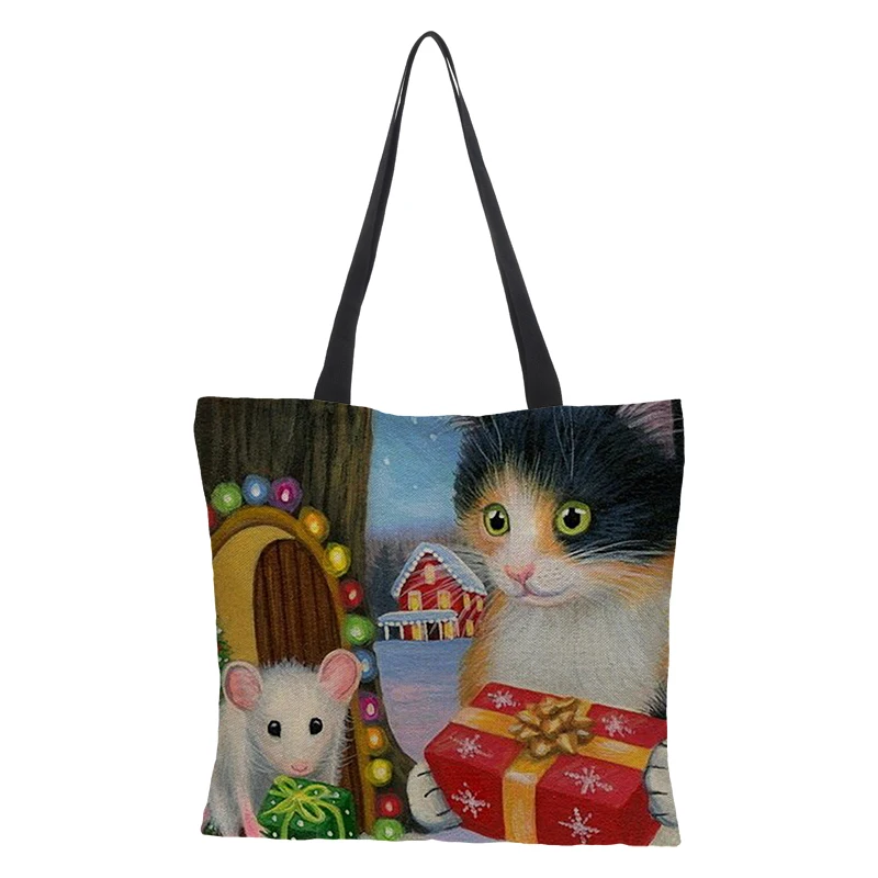 CROWDALE Double-sided Merry Christmas gift bages Linen Shopping bags for Christmas Handbag Women Shoulder Cloth Pouch 43cm*43cm - Цвет: 08