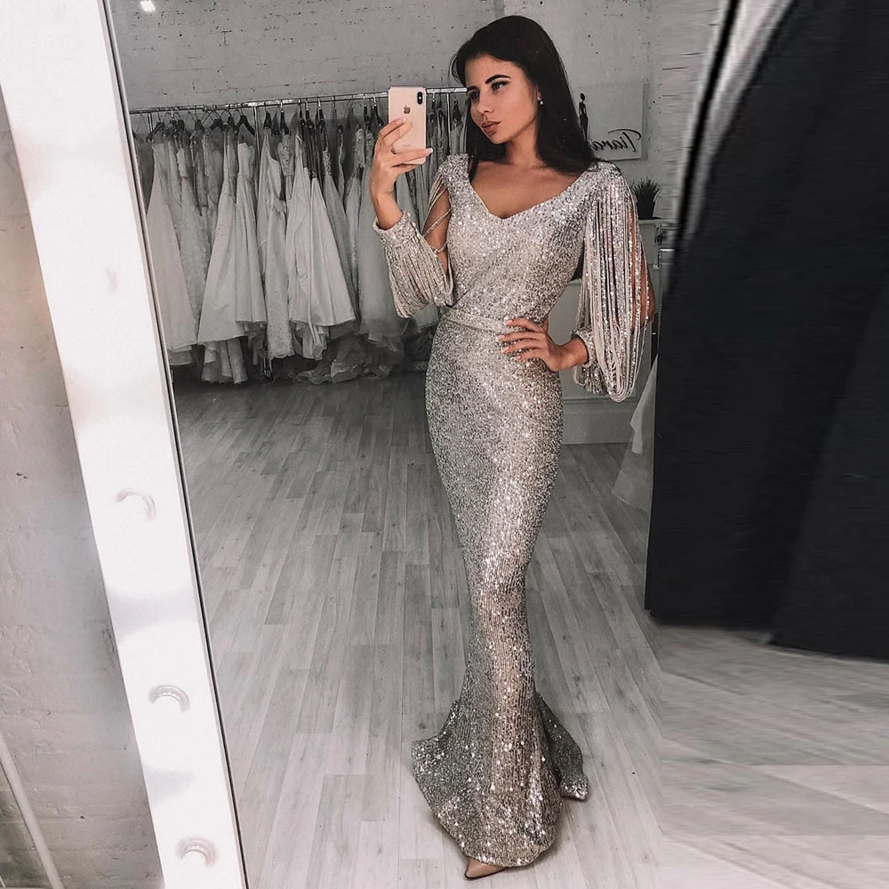 

Beige Striped Sequined Cut Out Long Sleeve Party Dress Stretch V Neck Bodycon Full Lining Tight Package Hip Club Dress