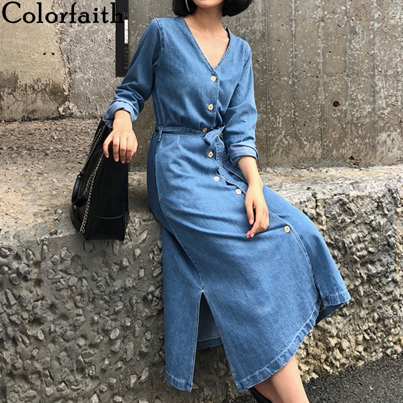 Colorfaith New 2021 Autumn Winter Women Denim Holiday V-Neck Single Breasted Lace Up Pockets Slit Oversize Long Dress DR2912 | Женская