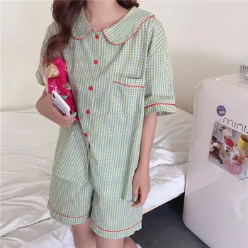 

Alien Kitty Summer Loose Pajamas Sets 2020 Women Plaid Sleepwear Short-sleeved Pajamas Chic Elastic-Waist Shorts Tracksuit