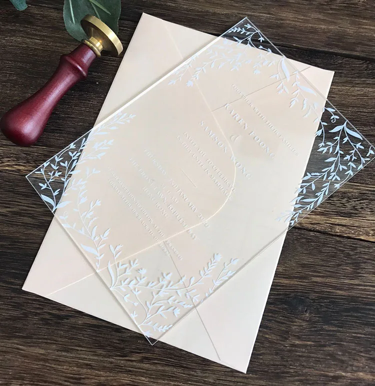  2020 white print clear acrylic wedding invitation with leaves design - 33008334706