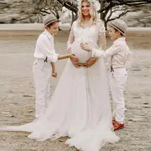 

V Neck 3/4 Sleeves Lace Maternity Wedding Dresses Vestido De Noiva Ivory Applique Long Empire Buttons Back Tulle Bridal Gowns