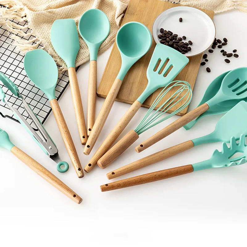 Aqua Green Storage Bucket Wooden Handle Silicone Kitchenware 11 Piece Set  Non-stick Spatula Kitchen Utensils Cooking Set - AliExpress