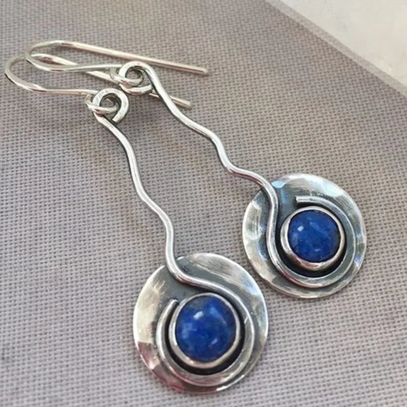 

Vintage Handmade Metal Silver Bending Long Earrings For Women Boho Pendientes Inlaid Blue Stone Circle Earring Brincos Z3Y109