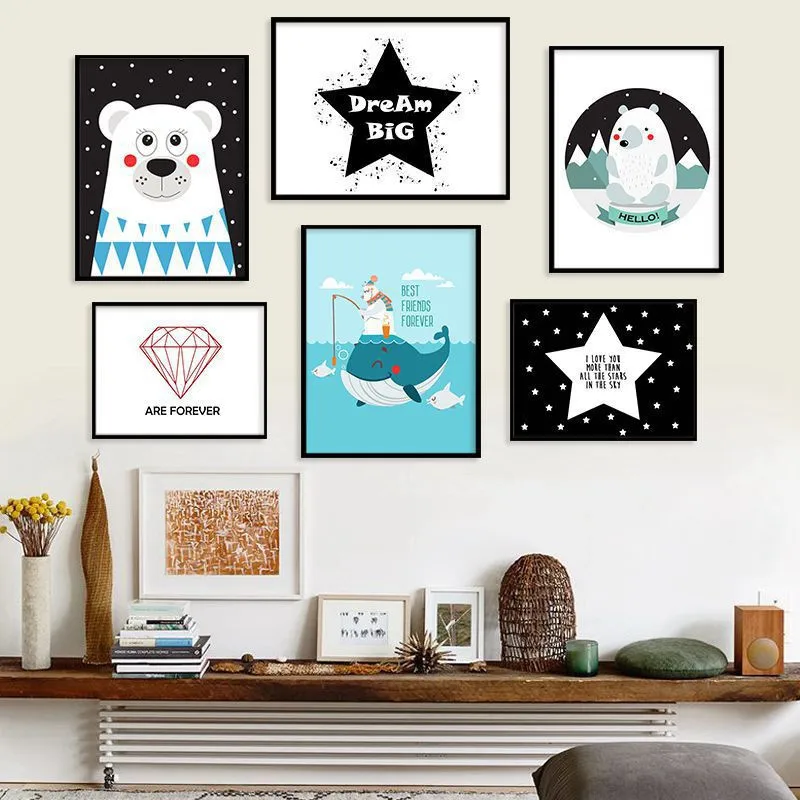 

RuoGuan Nordic style Nursery whale bear Cartoon Canvas Painting Animal Wall Pictures kids Baby Room No Frame