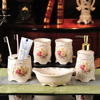 

5Pcs Light luxury embossed hand-painted gold flowers grape bathroom mouth cup ceramic brush tooth cup set couple toothbrush cup