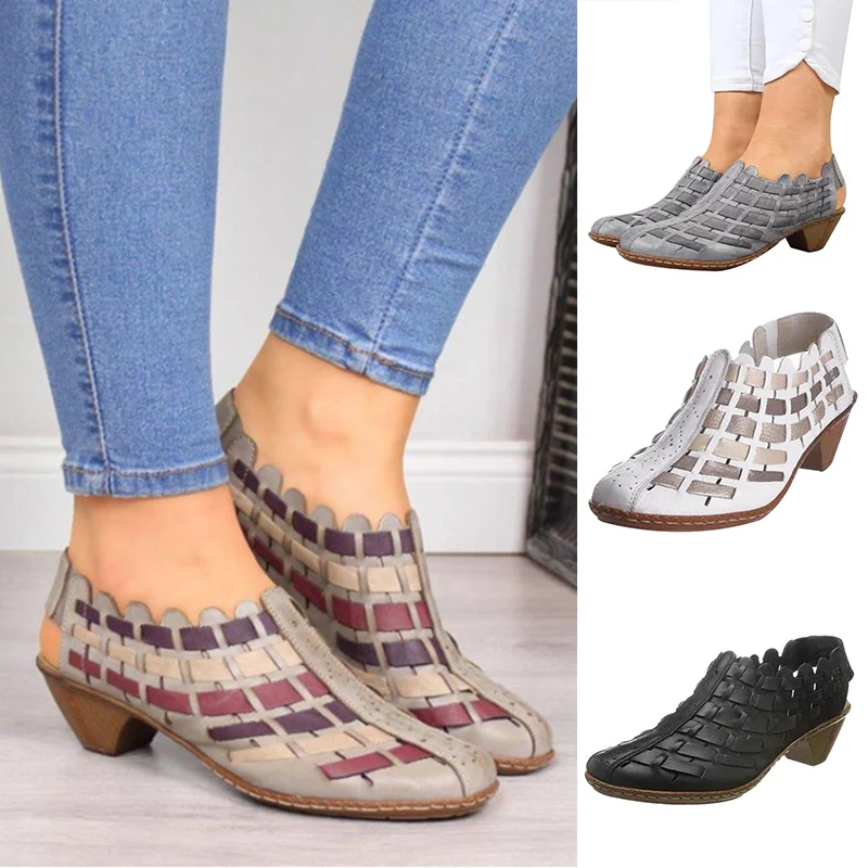 

Women Vintage Ankle Booties Low Heel Cut Out Closed Toe Cross Woven PU Short Boots C55