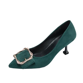 

Korean version of the wild small fresh high heels girl's cat heel shoes fine heels sexy black square button high heels women