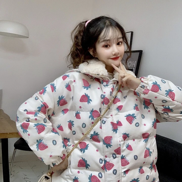 Woherb Women's Harajuku Parkas Kawaii Jacket Strawberry Print Winter Padded Coats Women Japanese Fashion Outwear Loose Coat