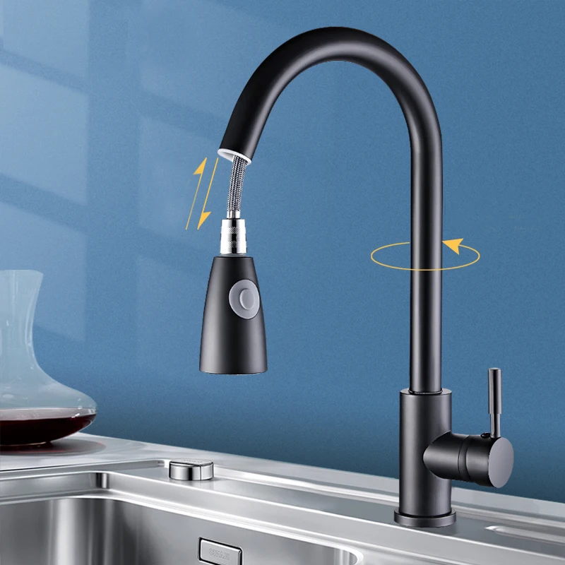 60cm Pull-out Kitchen Sink Faucet Single Hole Multifunction Hot And Cold Mixer Tap For Pure Water Midnight Black Stainless Steel