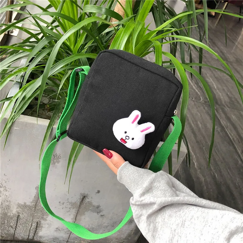

Solid Color Simple Canvas Square Sling Bag Cartoon Cute Rabbit Shoulder Bag Versatile MORI Series Shoulder Bag Phone Coin Purse