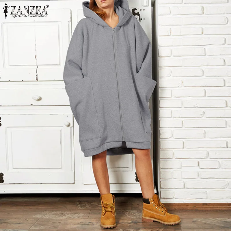 

ZANZEA 2019 Women Long Sleeve Sexy Hoody Sweatshirt Casual Warm Hoodie Autumn Coats Big Pockets Sweatshirts Zip Up Baggy Outwear