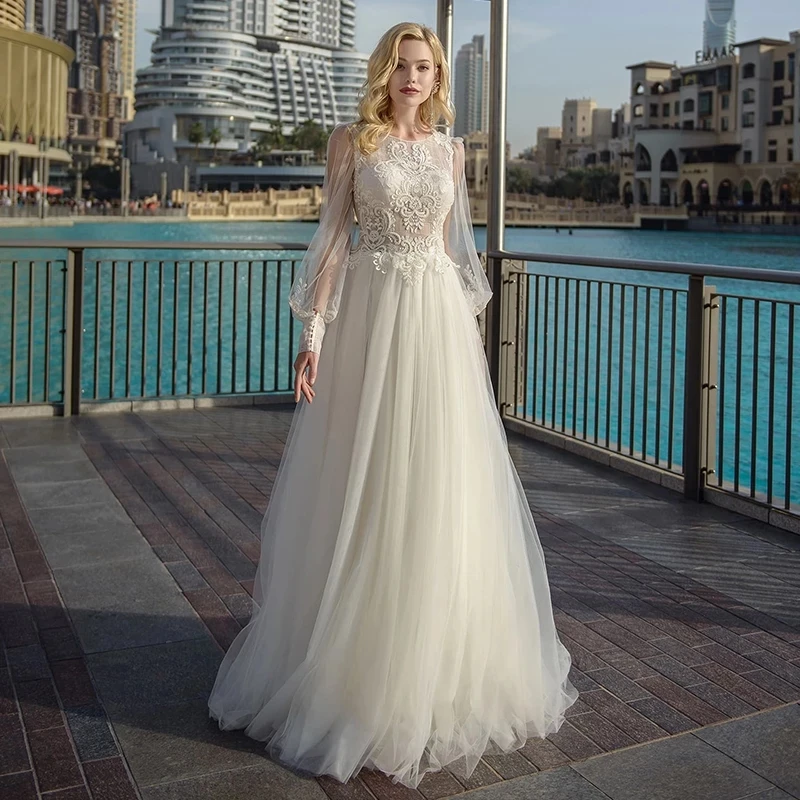Fashion A-line Lantern Long Sleeve Wedding Dresses Lace Applique Boho Illusion Back Noivas Sposa Suknia Robe De Mariee