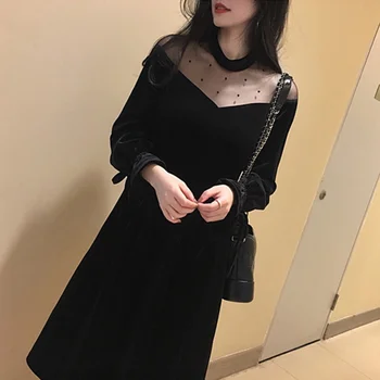 

New Original Design Autumn Velvet Dress Lantern Sleeve Mesh Stitching Slim Sheath Cheongsam Dress Black Party Dress