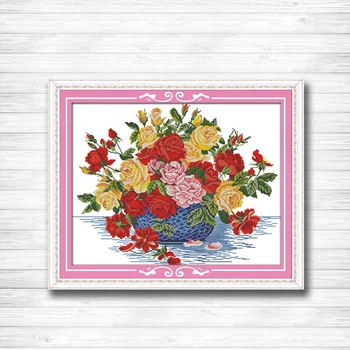 

Roses in blue vase Flower counted print on canvas DMC 11CT 14CT Cross Stitch kit needlework embroider Set colorful floral basket