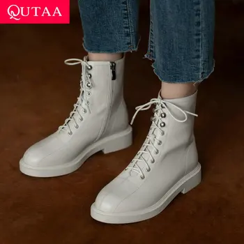 

QUTAA 2021 Autumn Winter Round Toe Cow Leather Concise Ankle Boots Square Heel Lace Up Zipper All Match Women Shoes Size 34-39