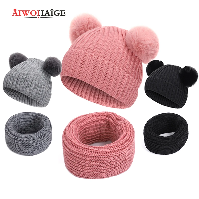 

2019 new winter baby 2 Piece Winter Hat Scarf Fur Baby Hat Hat Cotton Pom Pom Knit Warm Hat Kid Furry Ball Hat Set Hat