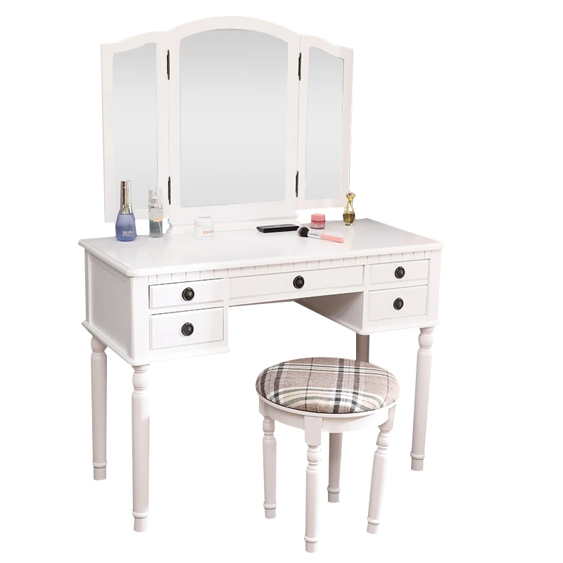 

Dresser Three-Fold Square Mirror 5 Drawers Roman Column Table/Stool WhiteFCH