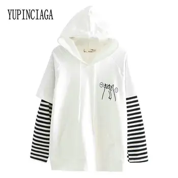 

YUPINCIAGA Women Hooded Sweatshirts Spring Fall Striped Long Sleeve Pullover Femme Cartoon Dog Embroidery Harajuku Hoodies Girls