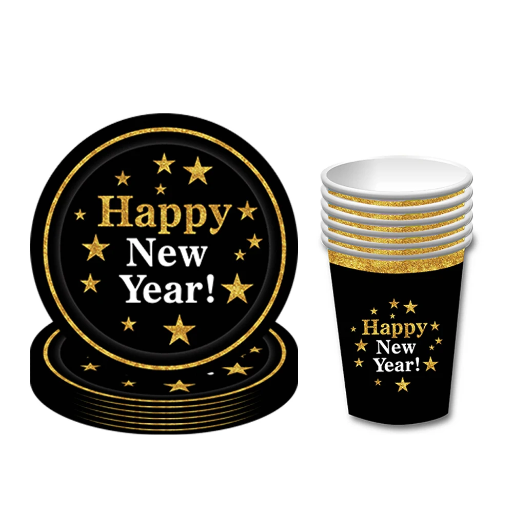 

Happy New Year Disposable Paper Plates Cups New Year Party Supplies