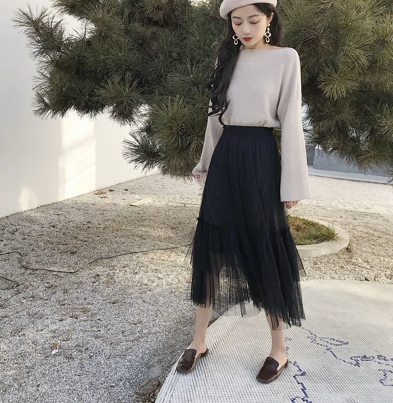 Moda feminina/юбка с завышенной талией однотонная плиссированная Женская одежда в стиле пэчворк из сетчатой ткани до середины икры в стиле ампир; милая стильная весенне-осенняя одежда