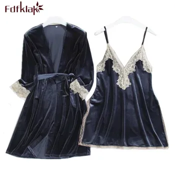 

Fdfklak Korean style gold velvet sleepwear set autumn winter bathrobe women warm thick ladies home clothes lace sling robe set