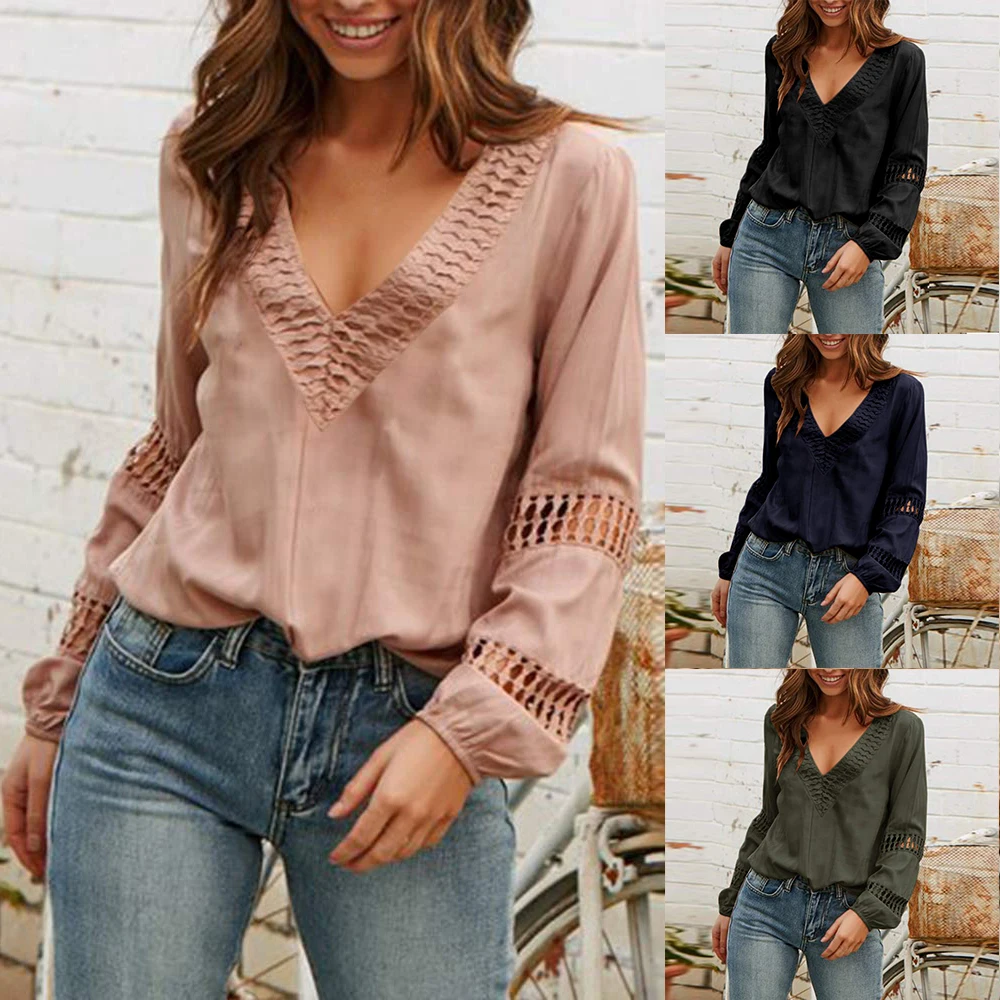 

JODIMITTY 2020 Women's Deep V Neck Long Sleeve Solid Shirts Female Spring Autumn Loose Top Sexy Hollow Out Lantern Sleeve Blouse