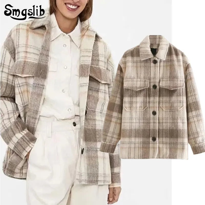 

2019 new women jackets fashion ladies woolen colthes jacket women england vintage plaid oversize boyfirend high street famale