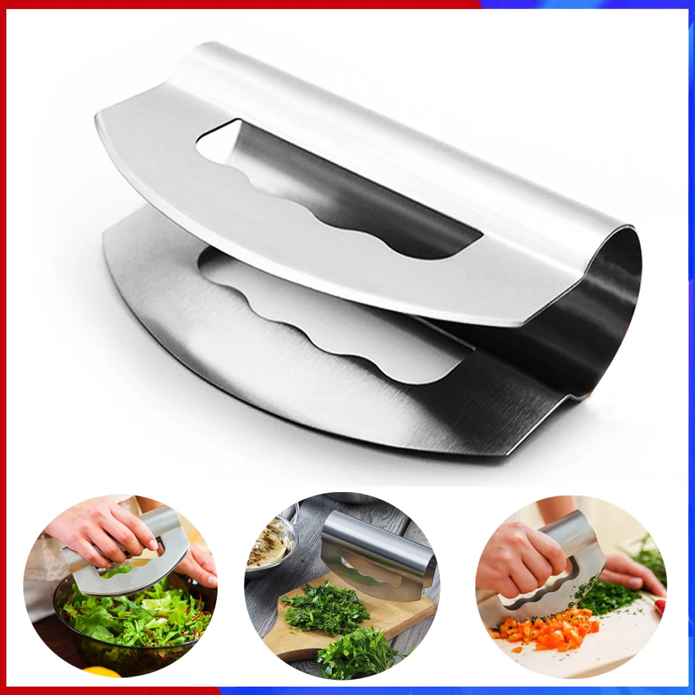 1Pcs Mezzaluna Chopper Stainless Steel Mezzaluna Knife Multipurpose Premium Salad Chopper for