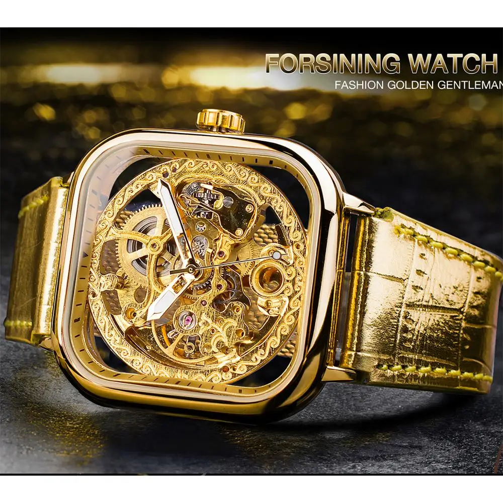 Forsining Fashion Gold Gear Movement Luminous Hands Gold Leather Transparent Mens Automatic Mechanical Watches Top Brand Luxury