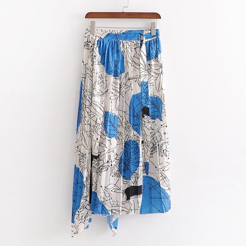 AGong Irregular Skirts Women Fashion Graffiti Printed Skirt Women Elegant Tie Belt Mid Calf Skirts Female Ladies IAB - Цвет: XDSK2109